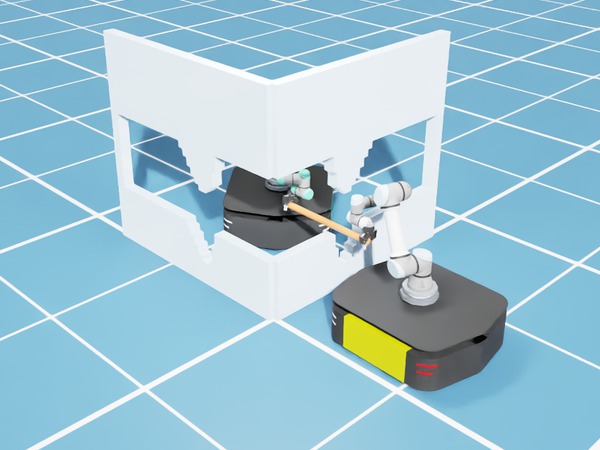 Mobile dual-UR5 scene planned without the partner's constraint: the constrained robot's arm is sent to a pose it cannot reach.