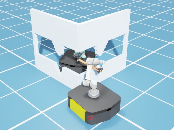 The same scene planned with the inferred constraint, with the constrained robot in a different, feasible configuration.